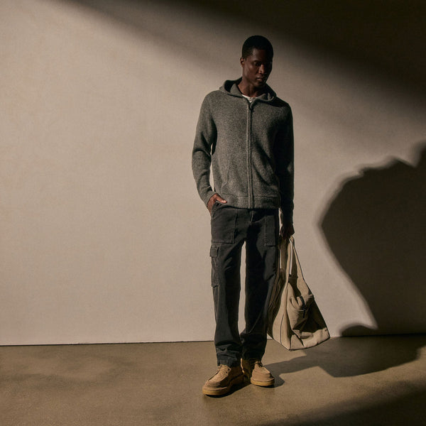 James Perse Lightweight Textured Cashmere Knit Zip Up Hoodie Thunder