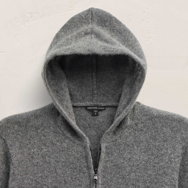 James Perse Lightweight Textured Cashmere Knit Zip Up Hoodie Thunder