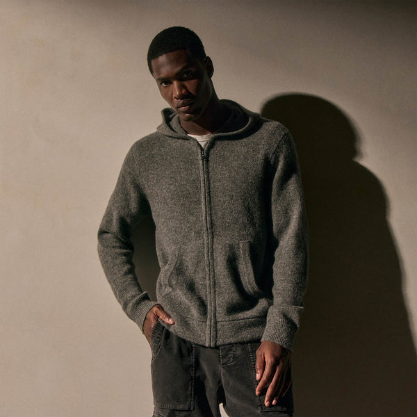james perse Lightweight Textured Cashmere Knit Zip Up Hoodie Thunder
