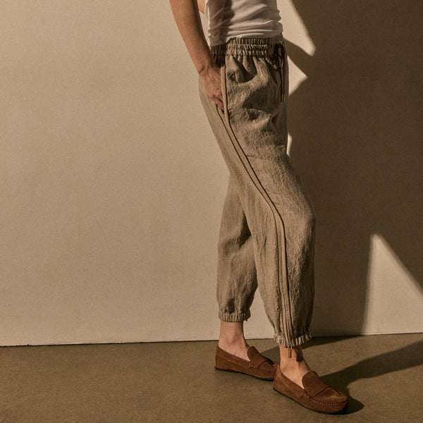 James Perse Linen Pant With Suede Piping Natural/Tabacco