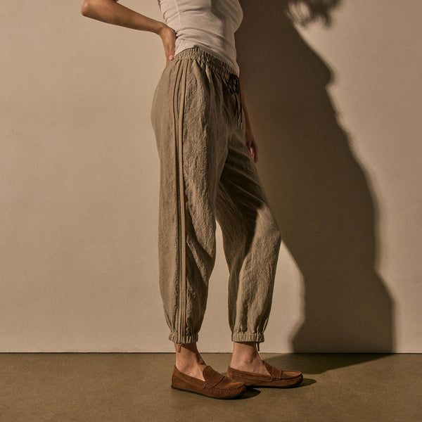 James Perse Linen Pant With Suede Piping Natural/Tabacco