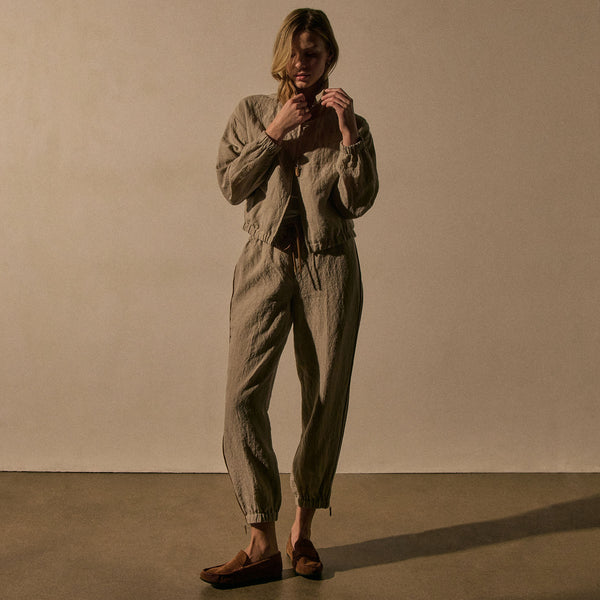 James Perse Linen Pant With Suede Piping Natural/Tabacco