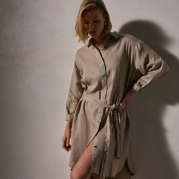 james perse Linen Shirt Dress With Tie Overcast Pigment