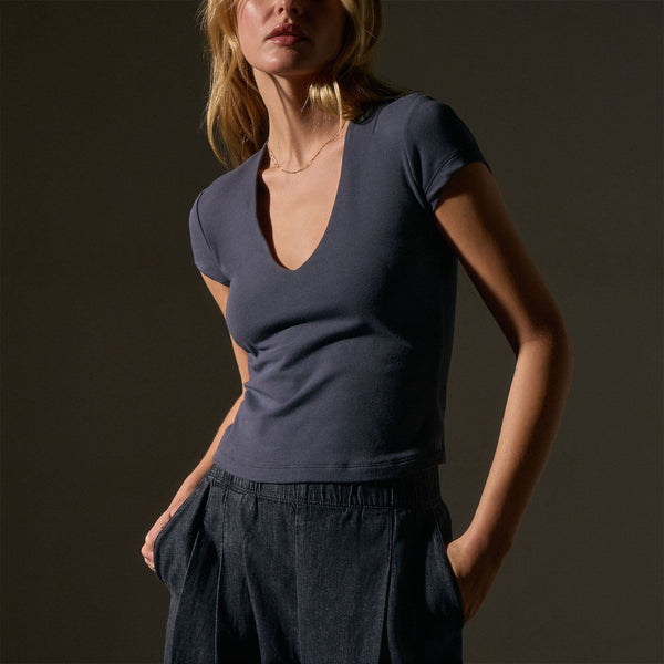 James Perse Stretch Lotus Deep V Short Sleeve Tee Blue Noir