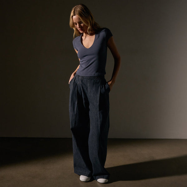 James Perse Stretch Lotus Deep V Short Sleeve Tee Blue Noir