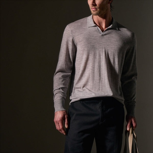 James Perse Ultrafine Cashmere Open Polo Light Heather Grey