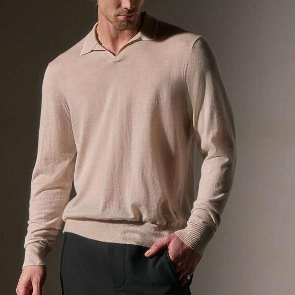 James Perse Ultrafine Cashmere Tipped Open Polo Balsa/Ivory