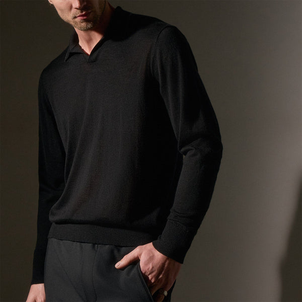 James Perse Ultrafine Cashmere Tipped Open Polo Black/Charcoal