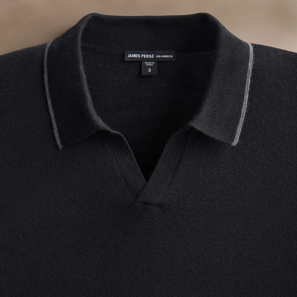 James Perse Ultrafine Cashmere Tipped Open Polo Black/Charcoal