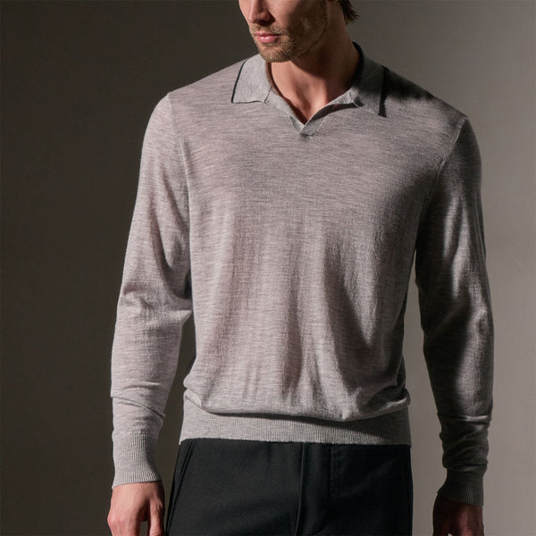 James Perse Ultrafine Cashmere Tipped Open Polo Light Heather Grey/Coal