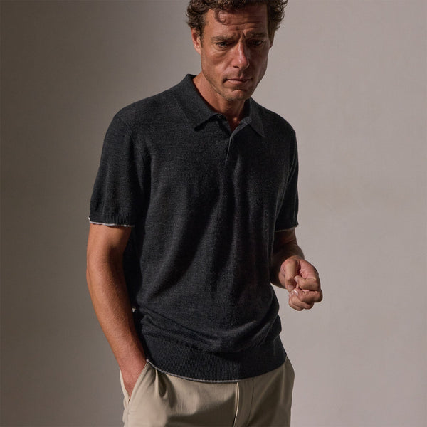 James Perse Ultrafine Cashmere Tipped Polo Coal/Light Heather Grey