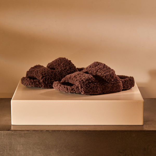 james perse Women's Double Strap Shearling Slide Chocolate