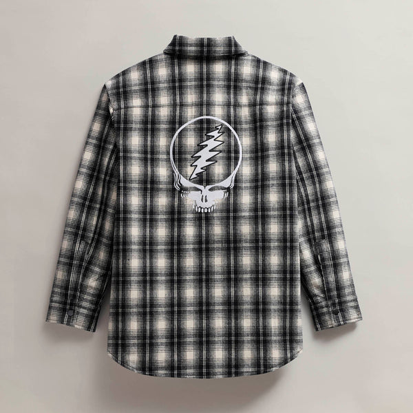 james perse Women's Grateful Dead Sherpa Lined Plaid Shirt Jacket Black/White
