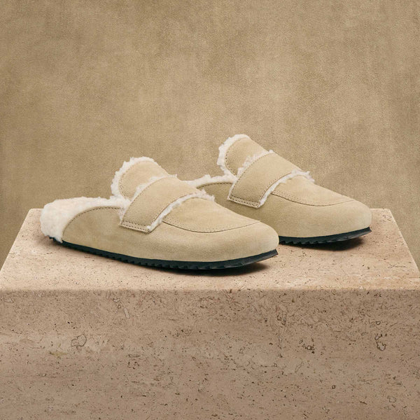 james perse Women's Suede Shearling Loafer Sand/Ivory