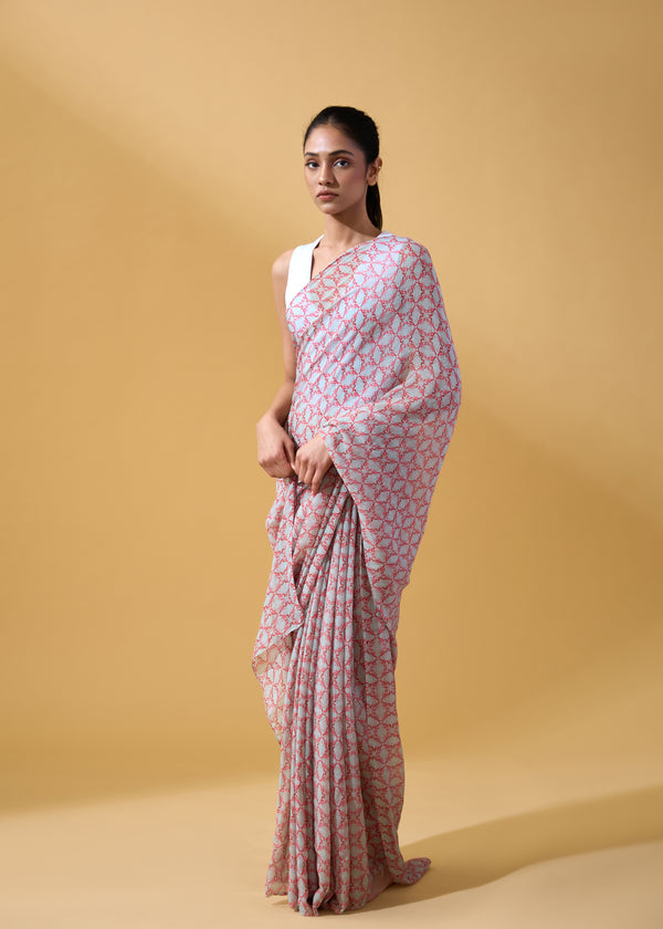 janavi Lobster Sari in Chiffon Powder Blue