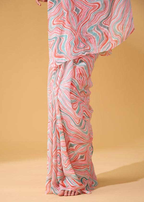 Janavi Waves Sari In Chiffon Sage & Coral