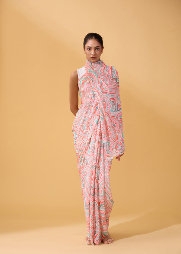 janavi Waves Sari in Chiffon Sage & Coral