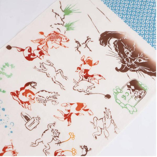 Japan Best Hand-dyed Tenugui - Cat Fishing For Goldfish & Frog