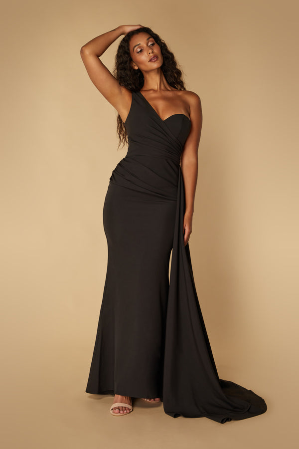 jarlo Atlanta One Shoulder Maxi Dress with Hip Drape Detail Black