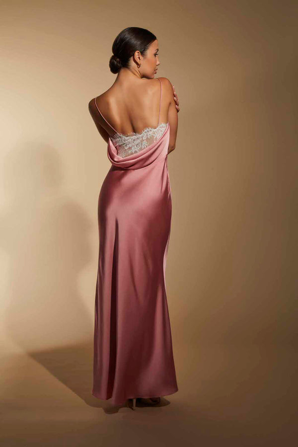Jarlo Aurora Cowl Back Maxi Dress With Lace Detail Pink Satin