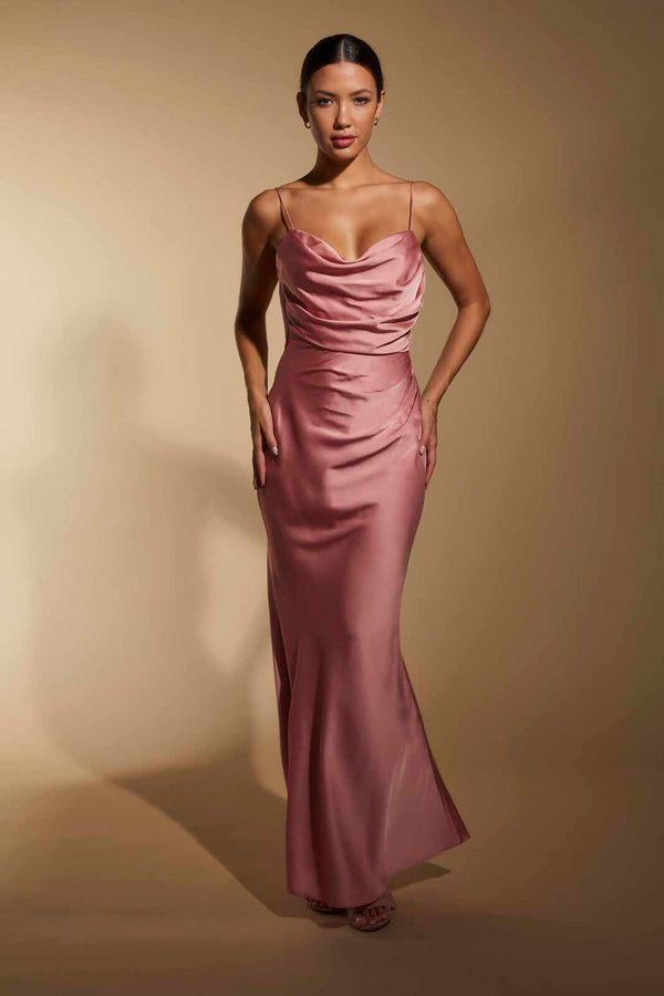 jarlo Aurora Cowl Back Maxi Dress with Lace Detail Pink Satin
