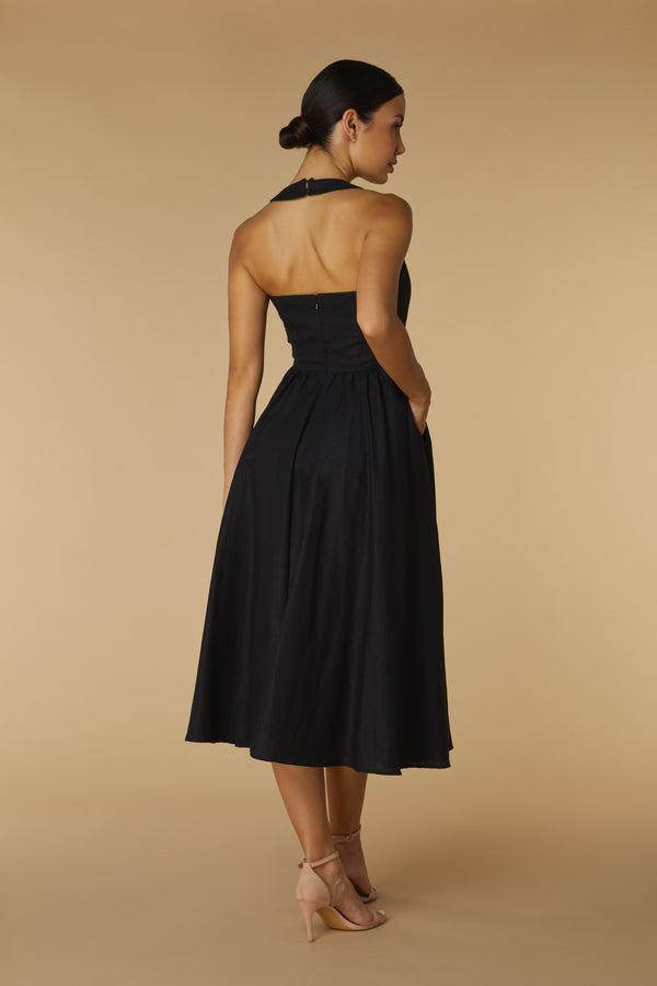 Jarlo Ava Halter Neck Midi Dress With A-Line Skirt Black