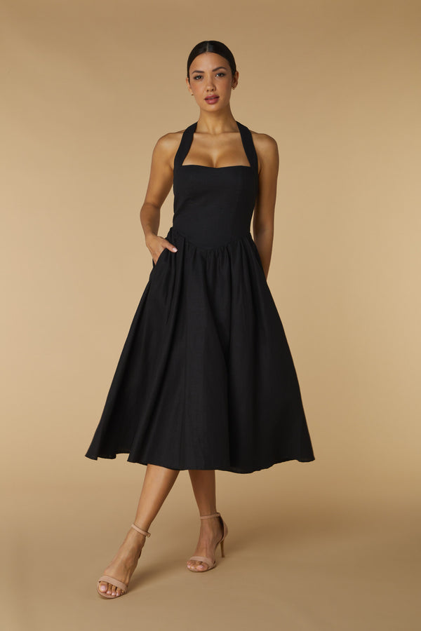 jarlo Ava Halter Neck Midi Dress with A-Line Skirt Black