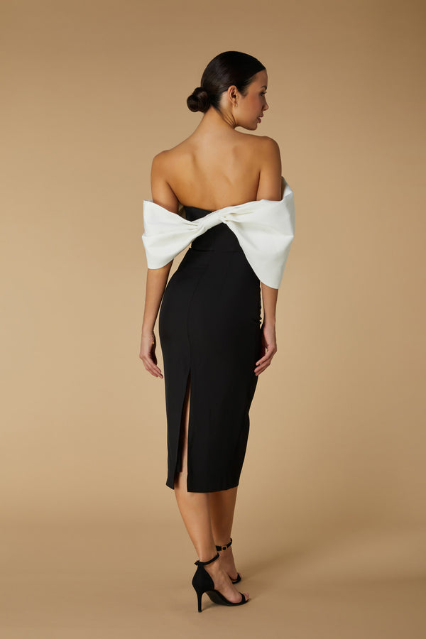 Jarlo Ava Off Shoulder Midi Dress With Sculpted Monochrome Detail Black