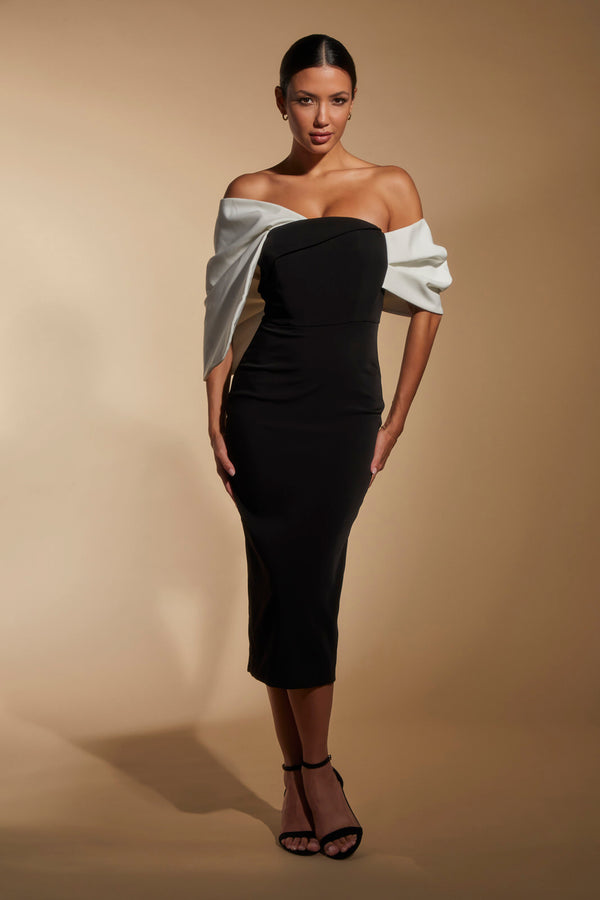 Jarlo Ava Off Shoulder Midi Dress With Sculpted Monochrome Detail Black