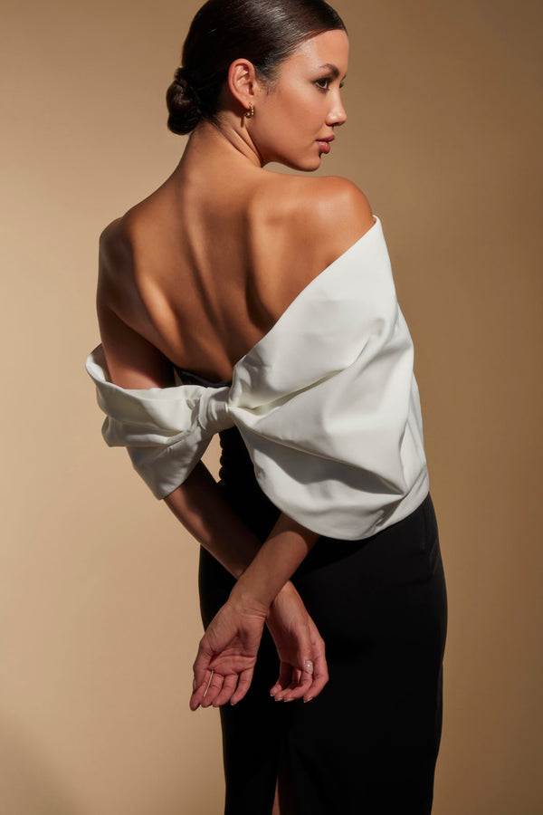 Jarlo Ava Off Shoulder Midi Dress With Sculpted Monochrome Detail Black
