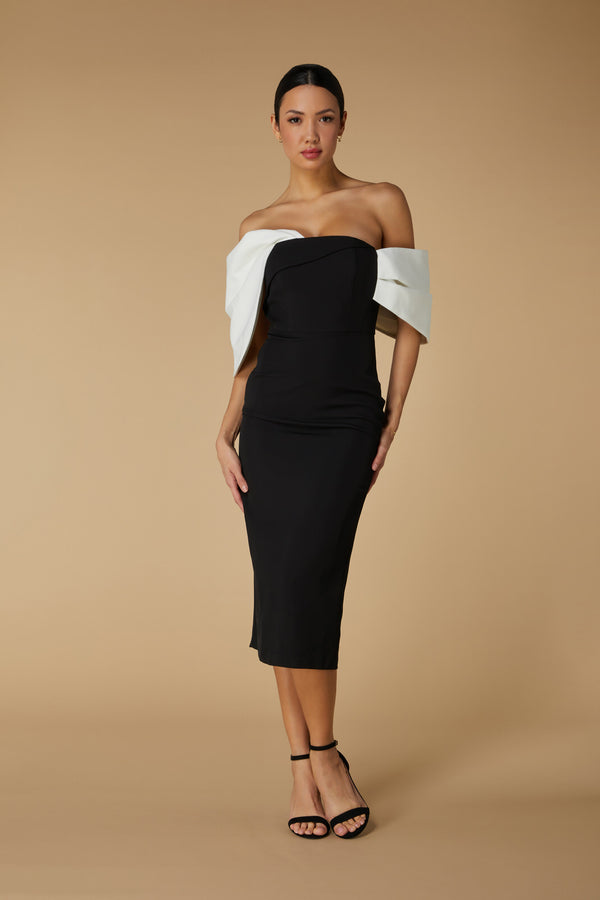 jarlo Ava Off Shoulder Midi Dress with Sculpted Monochrome Detail Black