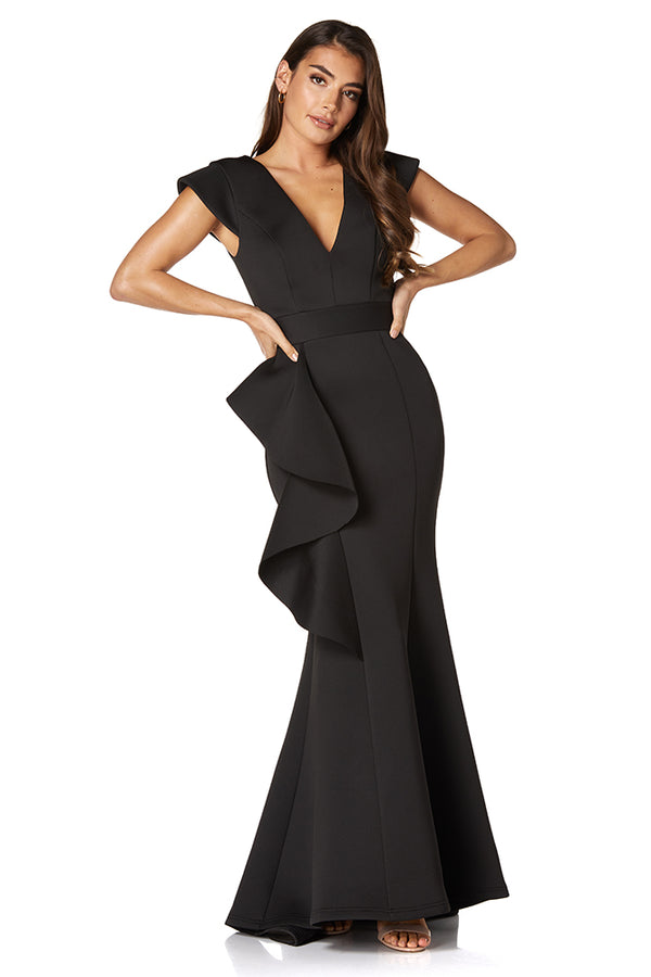 Jarlo Avery Ruffle Frill V Neck Scuba Maxi Dress Black