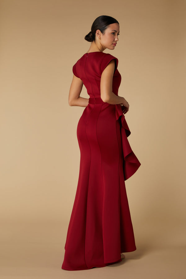 Jarlo Avery Ruffle Frill V Neck Scuba Maxi Dress Burgundy
