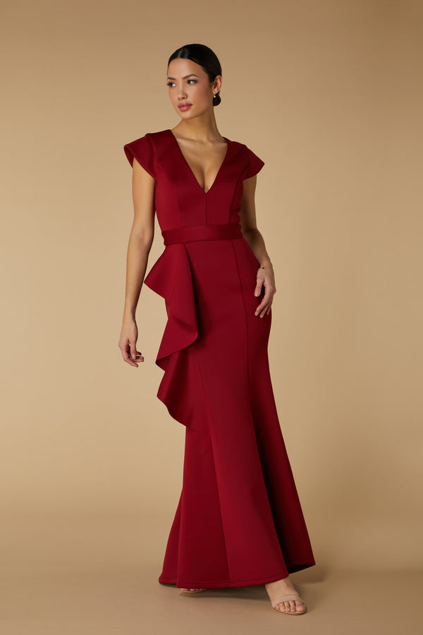 jarlo Avery Ruffle Frill V Neck Scuba Maxi Dress Burgundy
