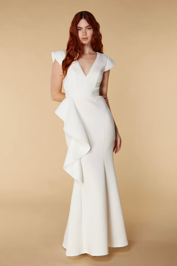 jarlo Avery Ruffle Frill V Neck Scuba Maxi Dress Ivory