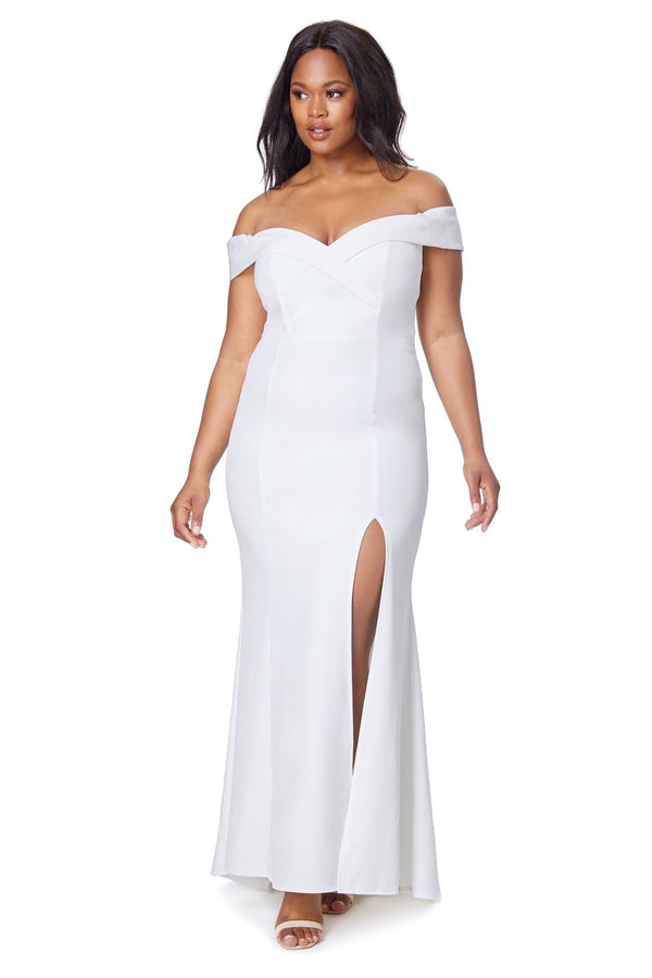 Jarlo Bella Bardot Maxi Dress With Thigh Split And Train Ivory