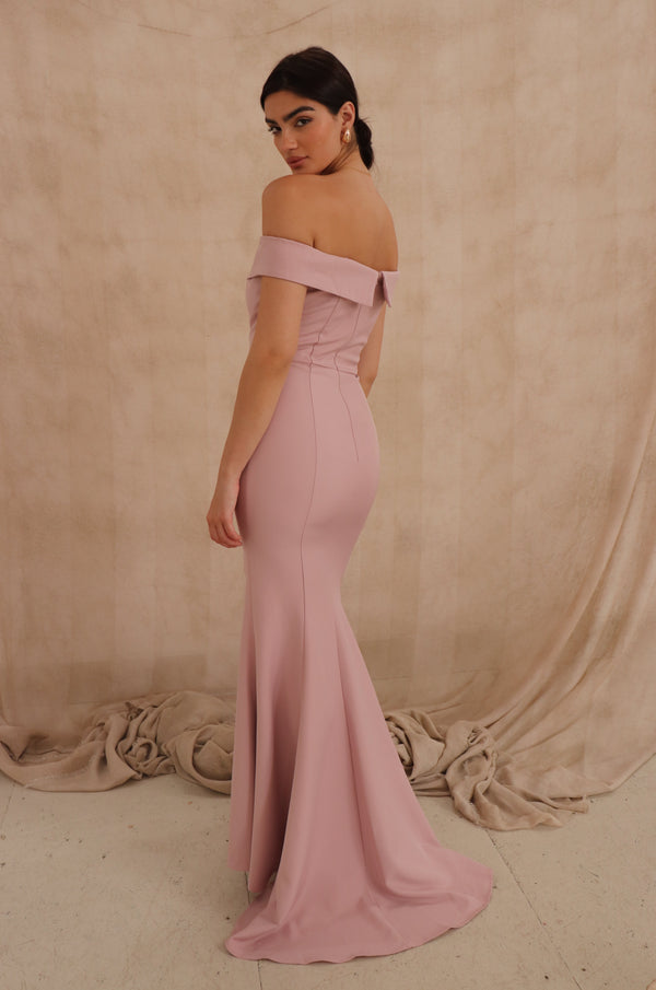 Jarlo Bella Bardot Maxi Dress With Thigh Split And Train Original Pink