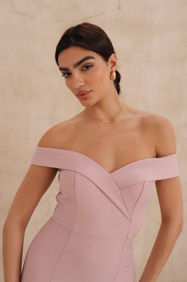 Jarlo Bella Bardot Maxi Dress With Thigh Split And Train Original Pink