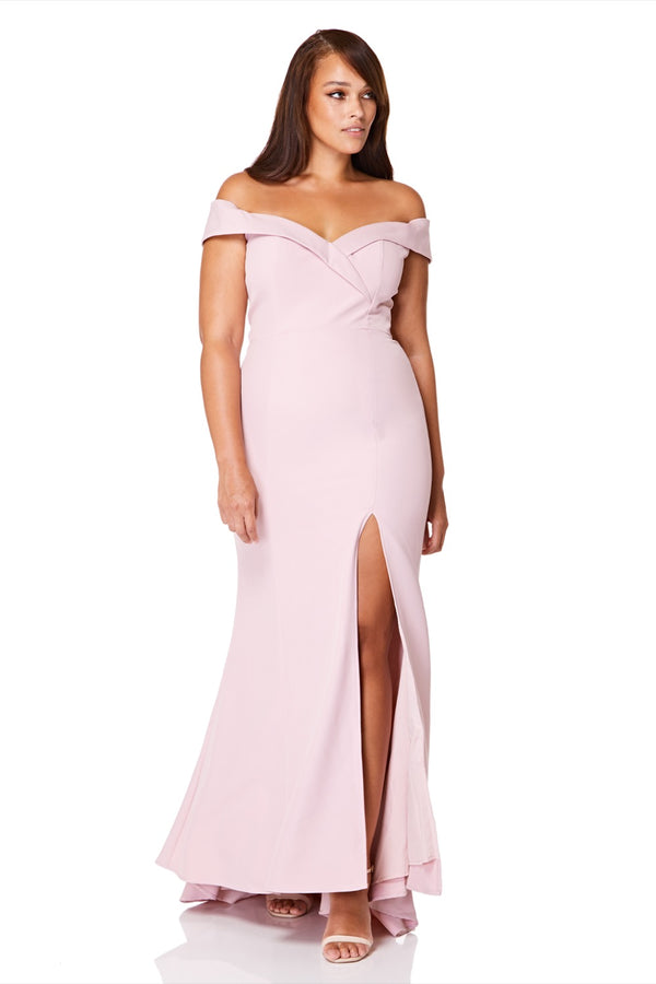Jarlo Bella Bardot Maxi Dress With Thigh Split And Train Original Pink