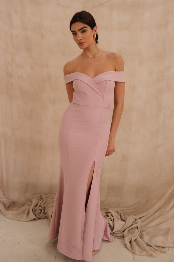 jarlo Bella Bardot Maxi Dress With Thigh Split And Train Original Pink