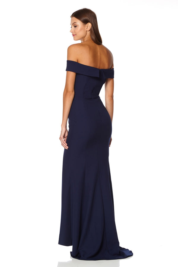 Jarlo Bella Bardot Maxi Dress With Thigh Split And Train Navy