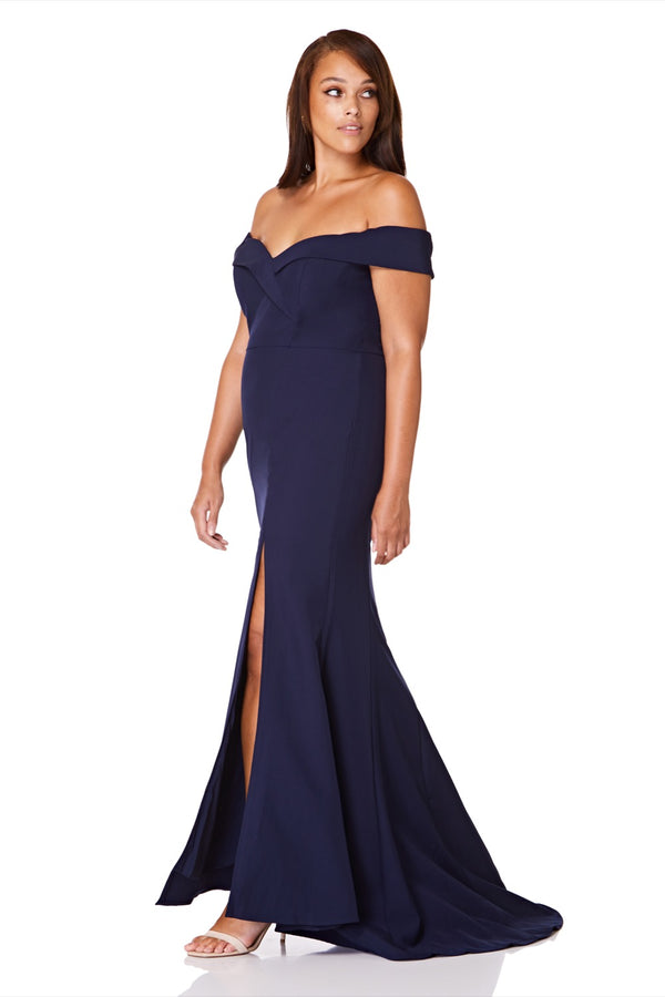 Jarlo Bella Bardot Maxi Dress With Thigh Split And Train Navy