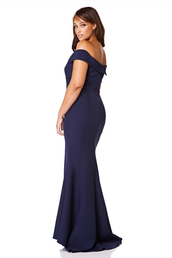 Jarlo Bella Bardot Maxi Dress With Thigh Split And Train Navy