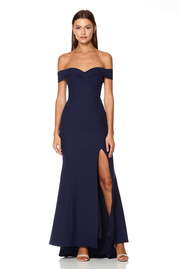 jarlo Bella Bardot Maxi Dress With Thigh Split And Train Navy