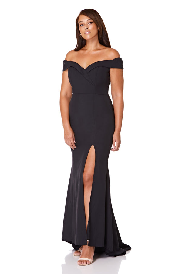 Jarlo Bella Bardot Maxi Dress With Thigh Split And Train Black