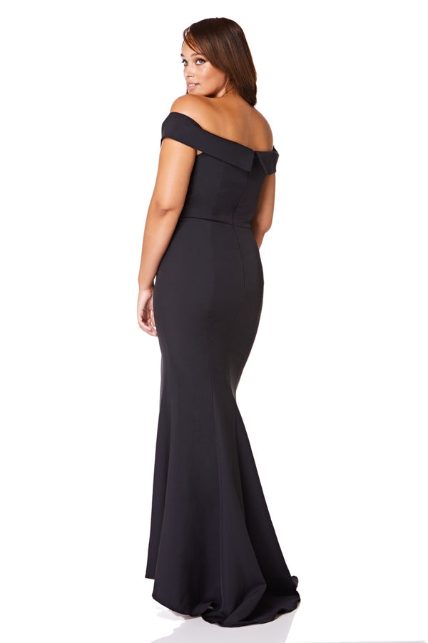Jarlo Bella Bardot Maxi Dress With Thigh Split And Train Black