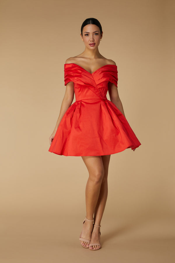 jarlo Belle Bardot Mini Dress with Voluminous Tulle Skirt Red