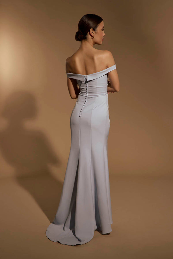 Jarlo Bluebell Bardot Maxi Dress With Thigh Split And Button Back Powder Blue