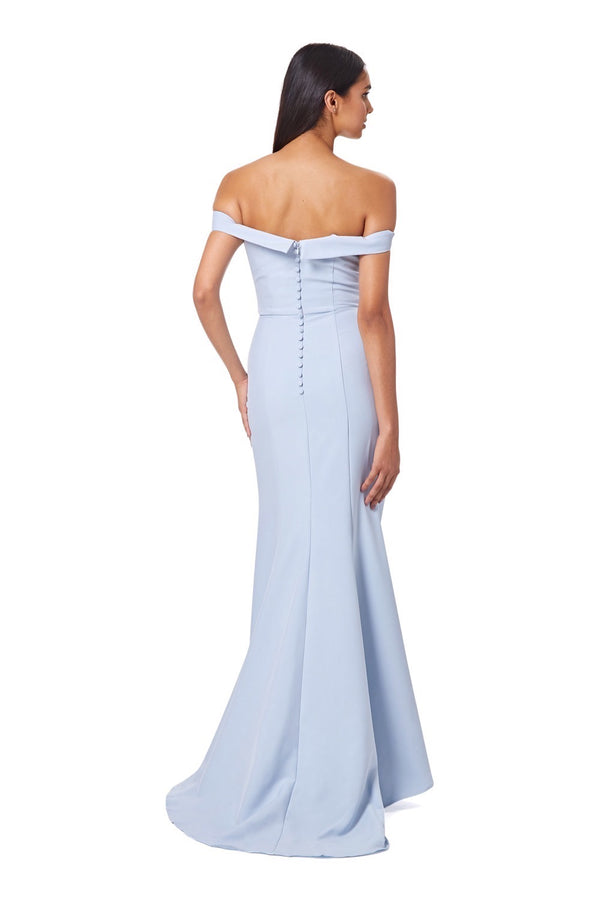 Jarlo Bluebell Bardot Maxi Dress With Thigh Split And Button Back Powder Blue