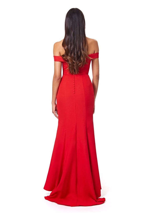 Jarlo Bluebell Bardot Maxi Dress With Thigh Split And Button Back Red